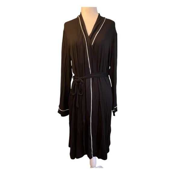 Alfani Contrast Trim Short Robe Black White Trim Knit Wrap Bathrobe Long Sleeve - Picture 6 of 12
